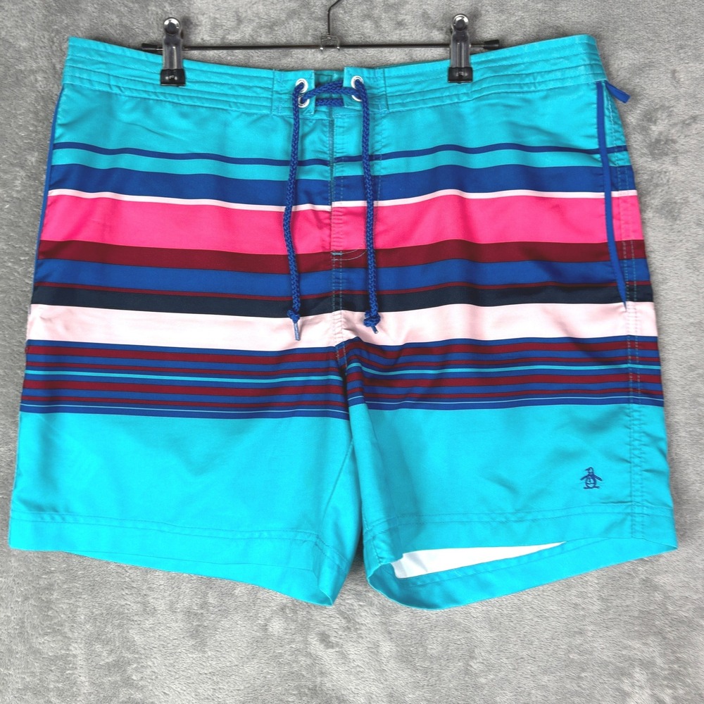 Original Penguin Mens Striped Board Shorts Turquoise Pink Blue Swim Trunks 34